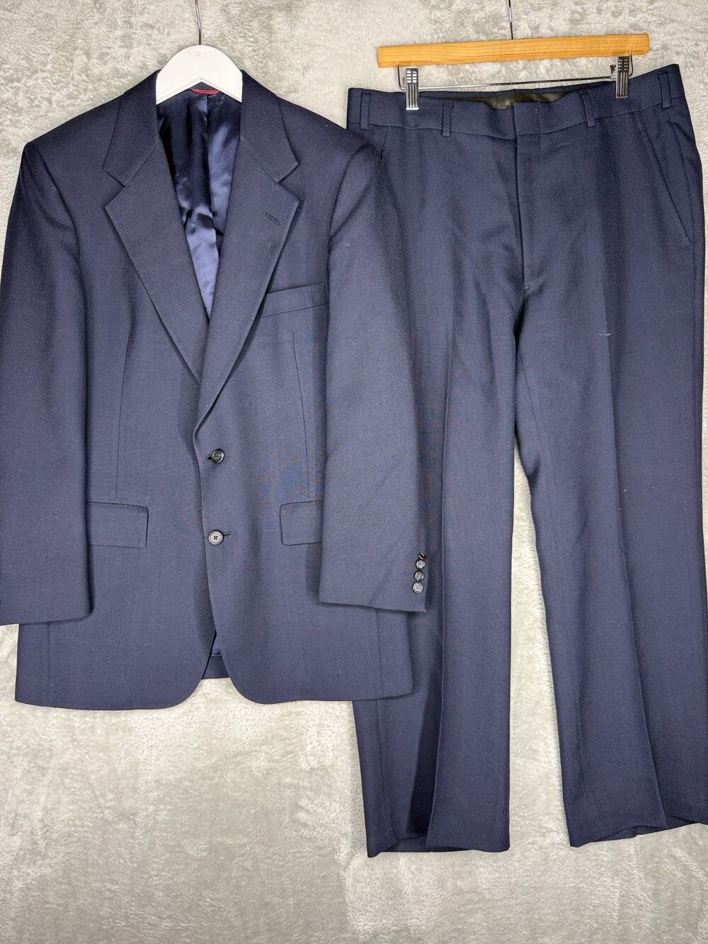 Hart Schaffner Marx Suit 40R Pants 34 x 28 Solid Blue Silverwoods Vtg 80s USA